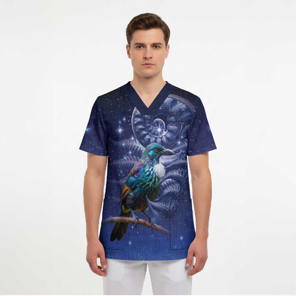 Tui Bird Matariki Galaxy Scrub Top Koru Silver Fern Aotearoa LT9 - Polynesian Pride