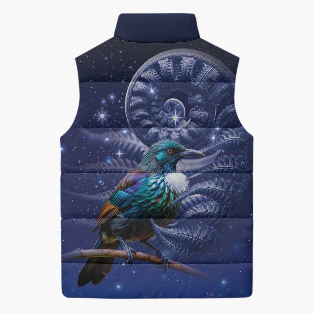 Tui Bird Matariki Galaxy Sleeveless Puffer Jacket Koru Silver Fern Aotearoa LT9 - Polynesian Pride