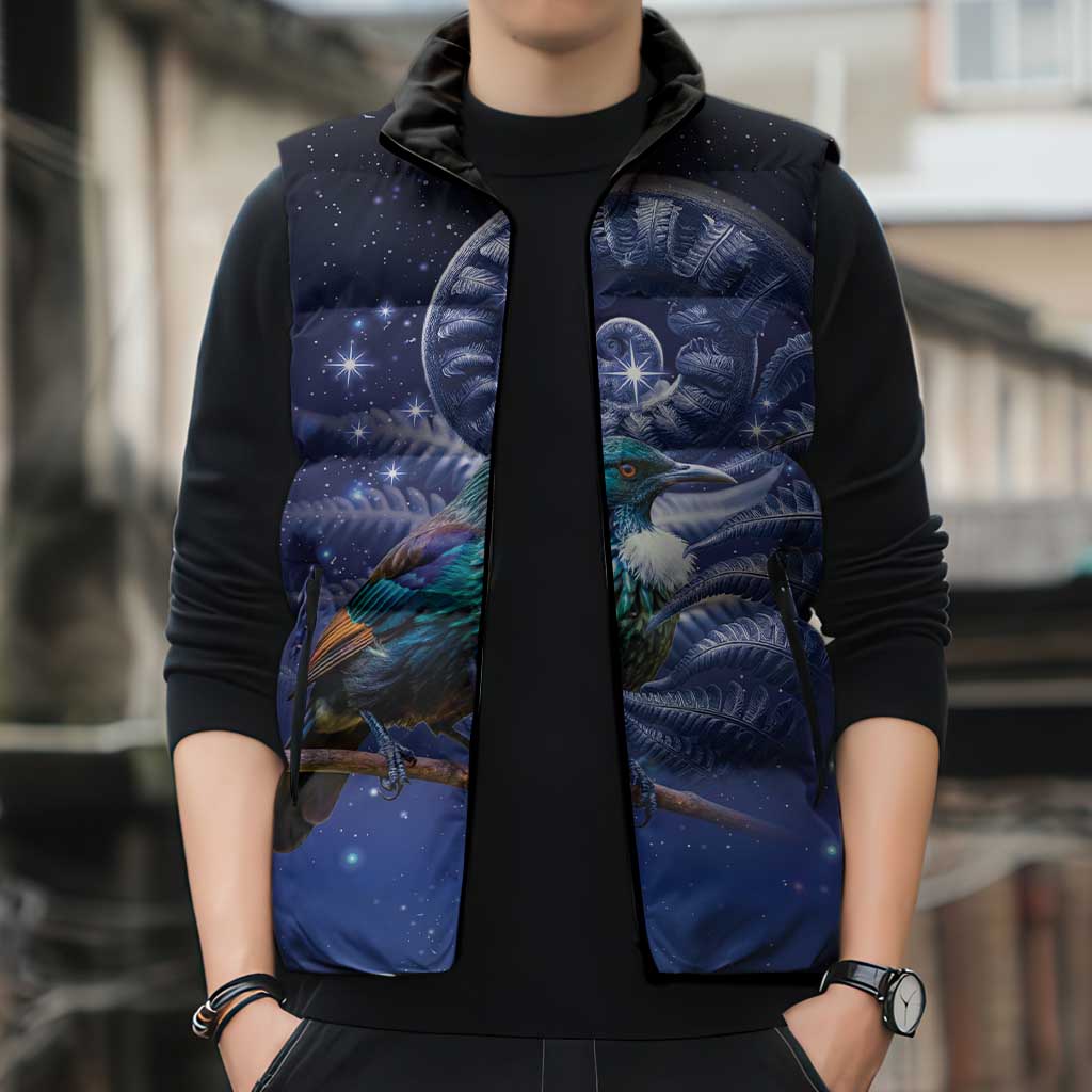 Tui Bird Matariki Galaxy Sleeveless Puffer Jacket Koru Silver Fern Aotearoa LT9 - Polynesian Pride