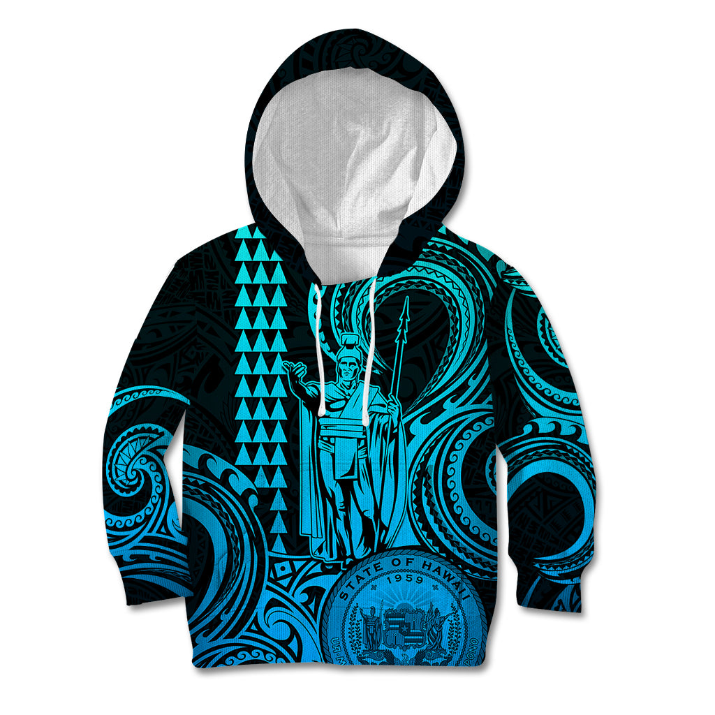 King Kamehameha Day Hawaii Kid Hoodie Paradise of the Pacific Tribal Kakau with Kanaka Maoli - Aqua LT9 Aqua - Polynesian Pride