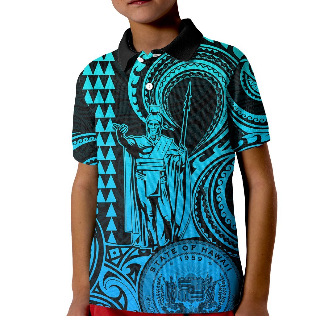 King Kamehameha Day Hawaii Kid Polo Shirt Paradise of the Pacific Tribal Kakau with Kanaka Maoli - Aqua LT9 Kid Aqua - Polynesian Pride