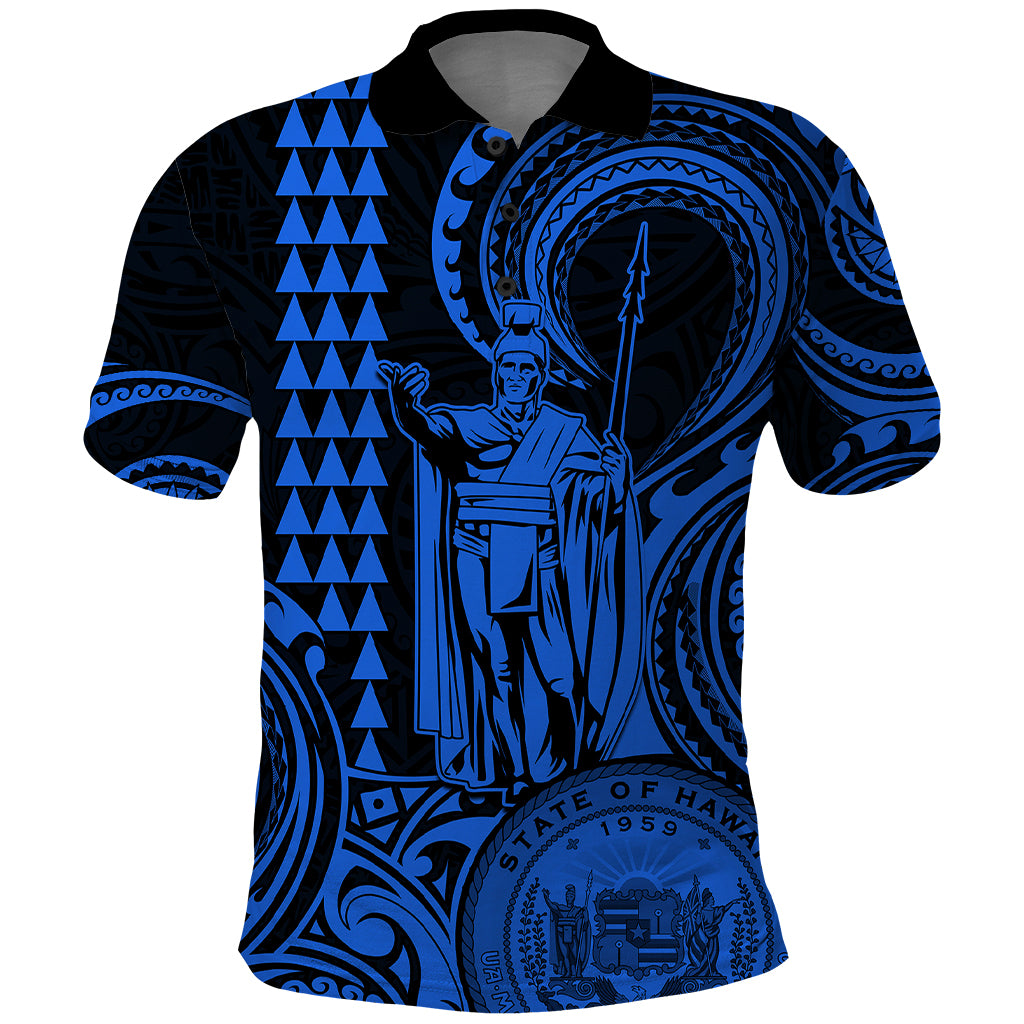 King Kamehameha Day Hawaii Polo Shirt Paradise of the Pacific Tribal Kakau with Kanaka Maoli Blue LT9 Blue - Polynesian Pride