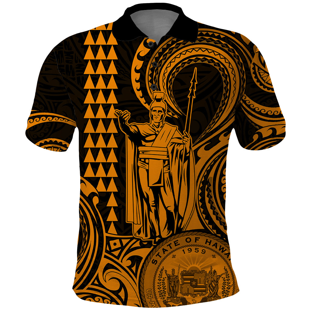 King Kamehameha Day Hawaii Polo Shirt Paradise of the Pacific Tribal Kakau with Kanaka Maoli Gold LT9 Gold - Polynesian Pride