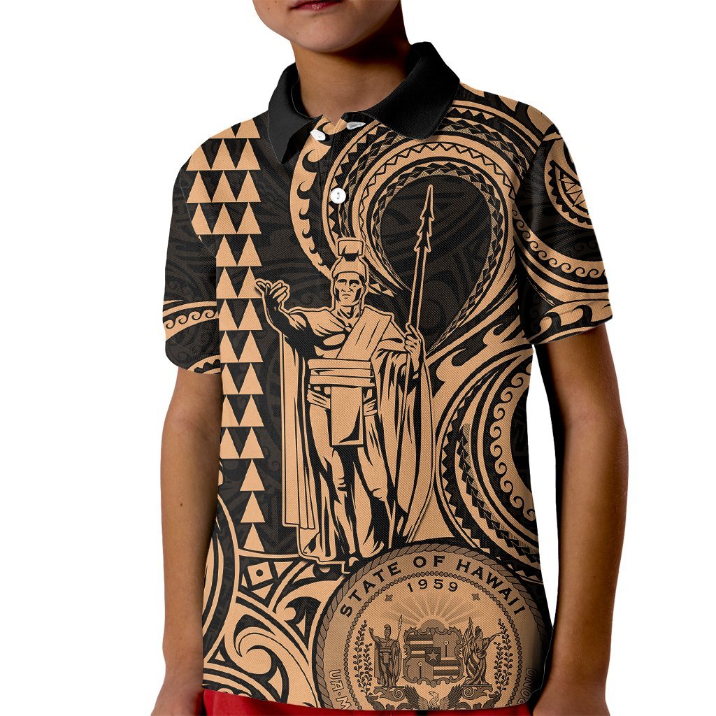 King Kamehameha Day Hawaii Kid Polo Shirt Paradise of the Pacific Tribal Kakau with Kanaka Maoli - Nude LT9 Kid Nude - Polynesian Pride