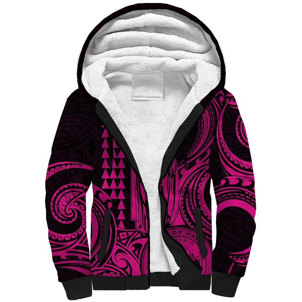 King Kamehameha Day Hawaii Sherpa Hoodie Paradise of the Pacific Tribal Kakau with Kanaka Maoli - Pink LT9 Unisex Pink - Polynesian Pride