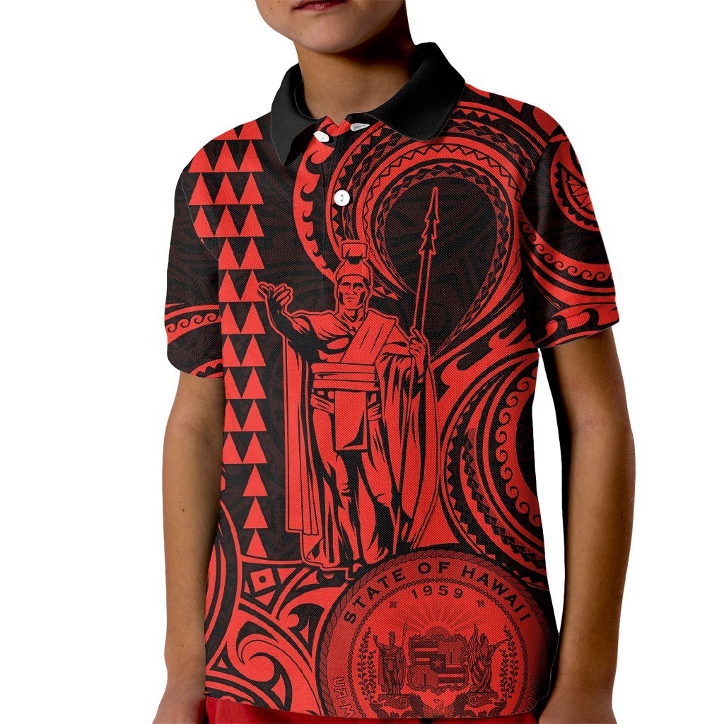 King Kamehameha Day Hawaii Kid Polo Shirt Paradise of the Pacific Tribal Kakau with Kanaka Maoli - Red LT9 Kid Red - Polynesian Pride