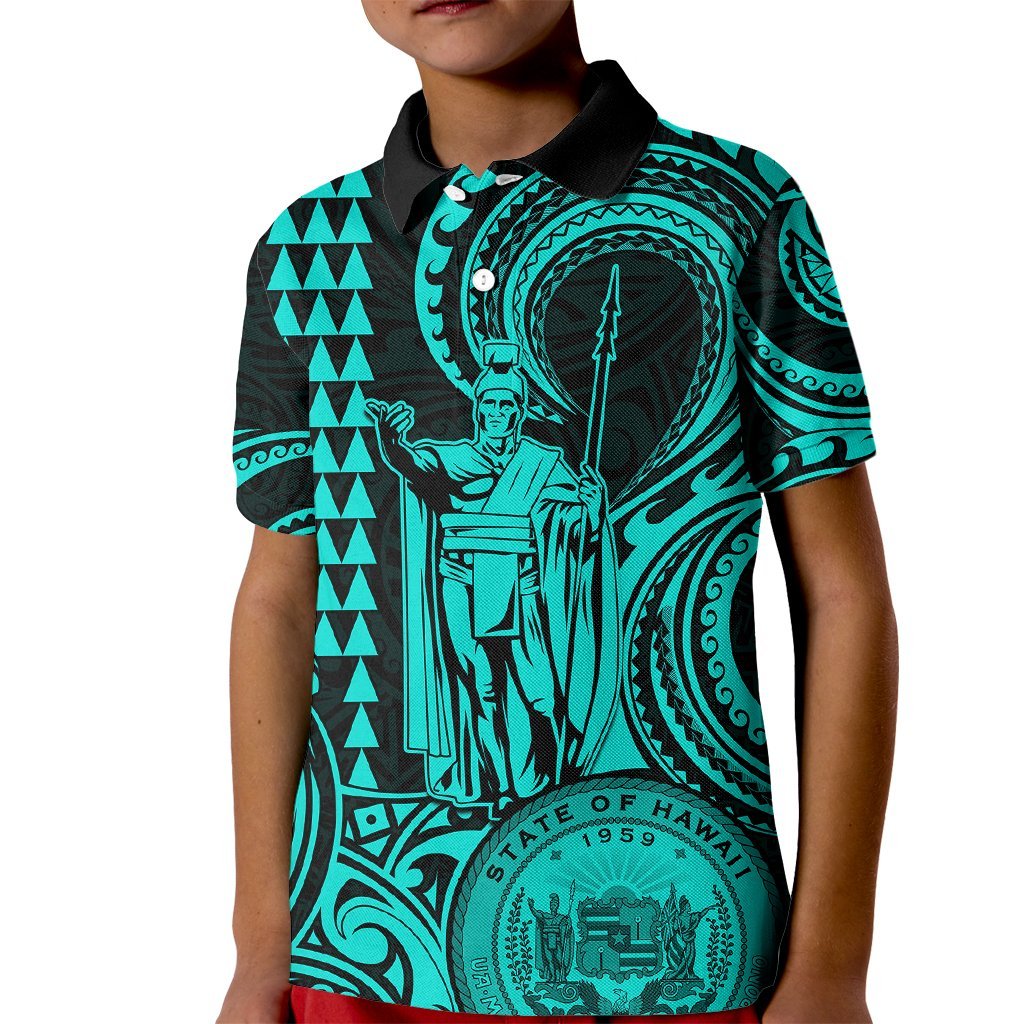 King Kamehameha Day Hawaii Kid Polo Shirt Paradise of the Pacific Tribal Kakau with Kanaka Maoli - Turquoise LT9 Kid Turquoise - Polynesian Pride