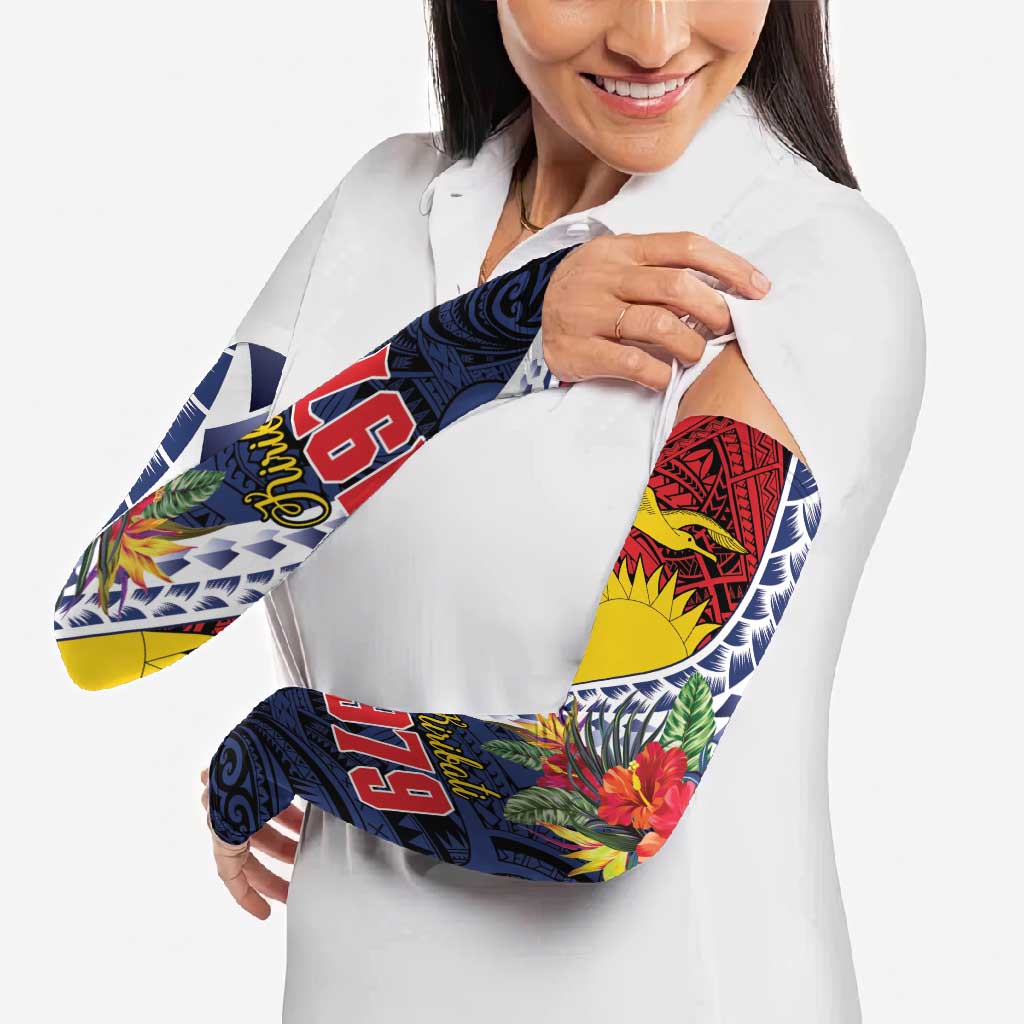 Flag of Kiribati Polynesian Pattern Arm Sleeves Est 1979 With Tropical Flowers LT9 - Polynesian Pride