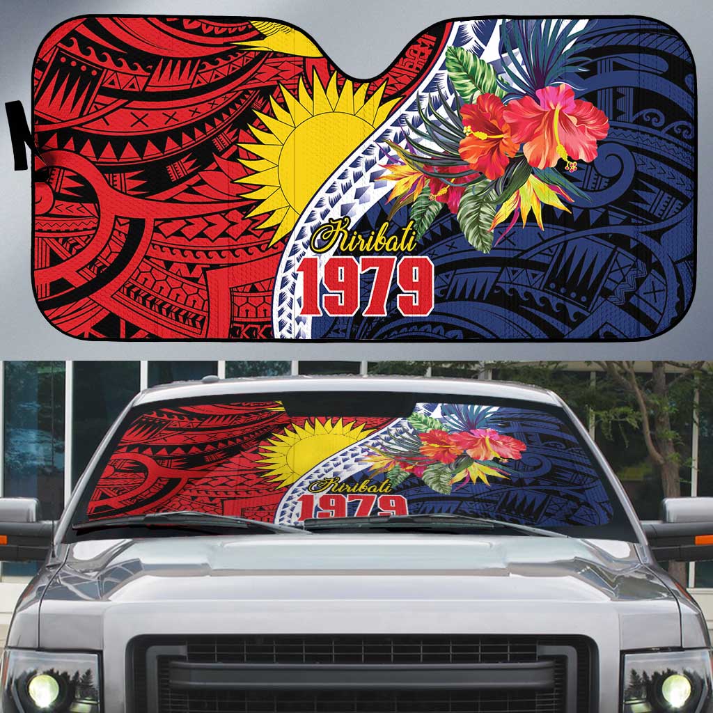 Flag of Kiribati Polynesian Pattern Auto Sun Shade Est 1979 With Tropical Flowers LT9 Red - Polynesian Pride