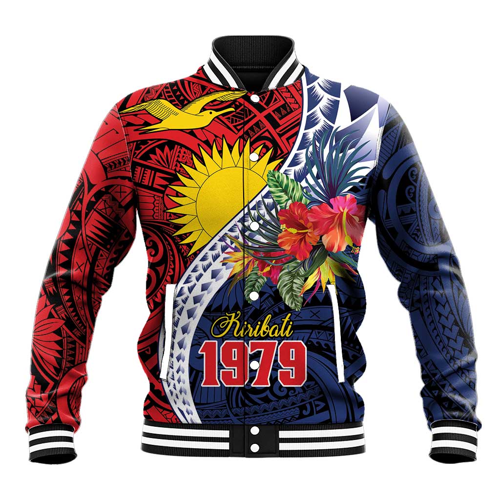 Flag of Kiribati Polynesian Pattern Baseball Jacket Est 1979 With Tropical Flowers LT9 Unisex Red - Polynesian Pride