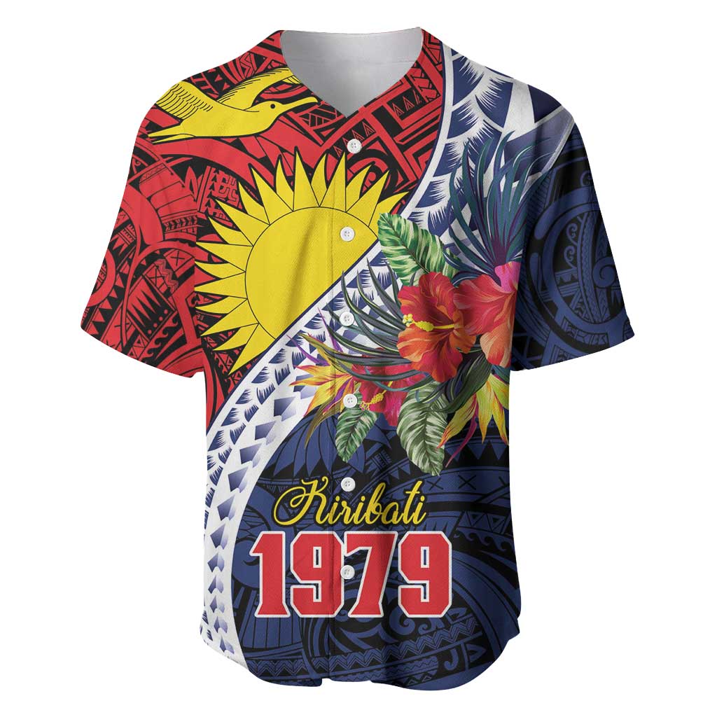 Flag of Kiribati Polynesian Pattern Baseball Jersey Est 1979 With Tropical Flowers LT9 Red - Polynesian Pride