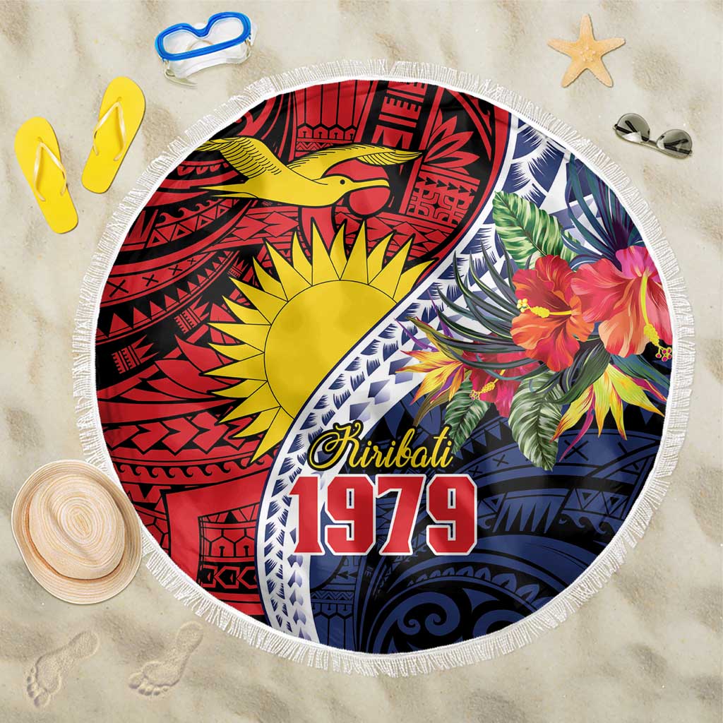 Flag of Kiribati Polynesian Pattern Beach Blanket Est 1979 With Tropical Flowers LT9 One Size 150cm Red - Polynesian Pride