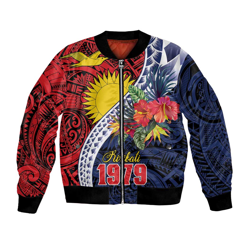 Flag of Kiribati Polynesian Pattern Bomber Jacket Est 1979 With Tropical Flowers LT9 Unisex Red - Polynesian Pride