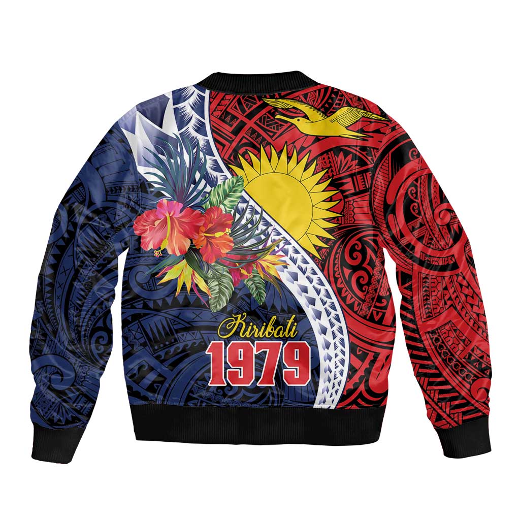 Flag of Kiribati Polynesian Pattern Bomber Jacket Est 1979 With Tropical Flowers LT9 - Polynesian Pride