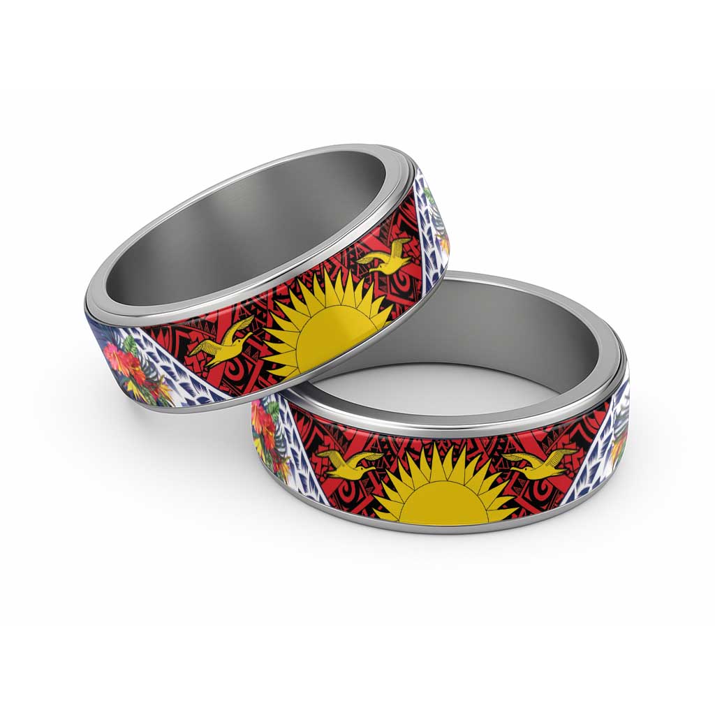 Flag of Kiribati Polynesian Pattern Classic Ring Est 1979 With Tropical Flowers LT9 Sliver Red - Polynesian Pride
