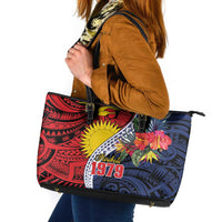 Flag of Kiribati Polynesian Pattern Leather Tote Bag Est 1979 With Tropical Flowers LT9 Red - Polynesian Pride
