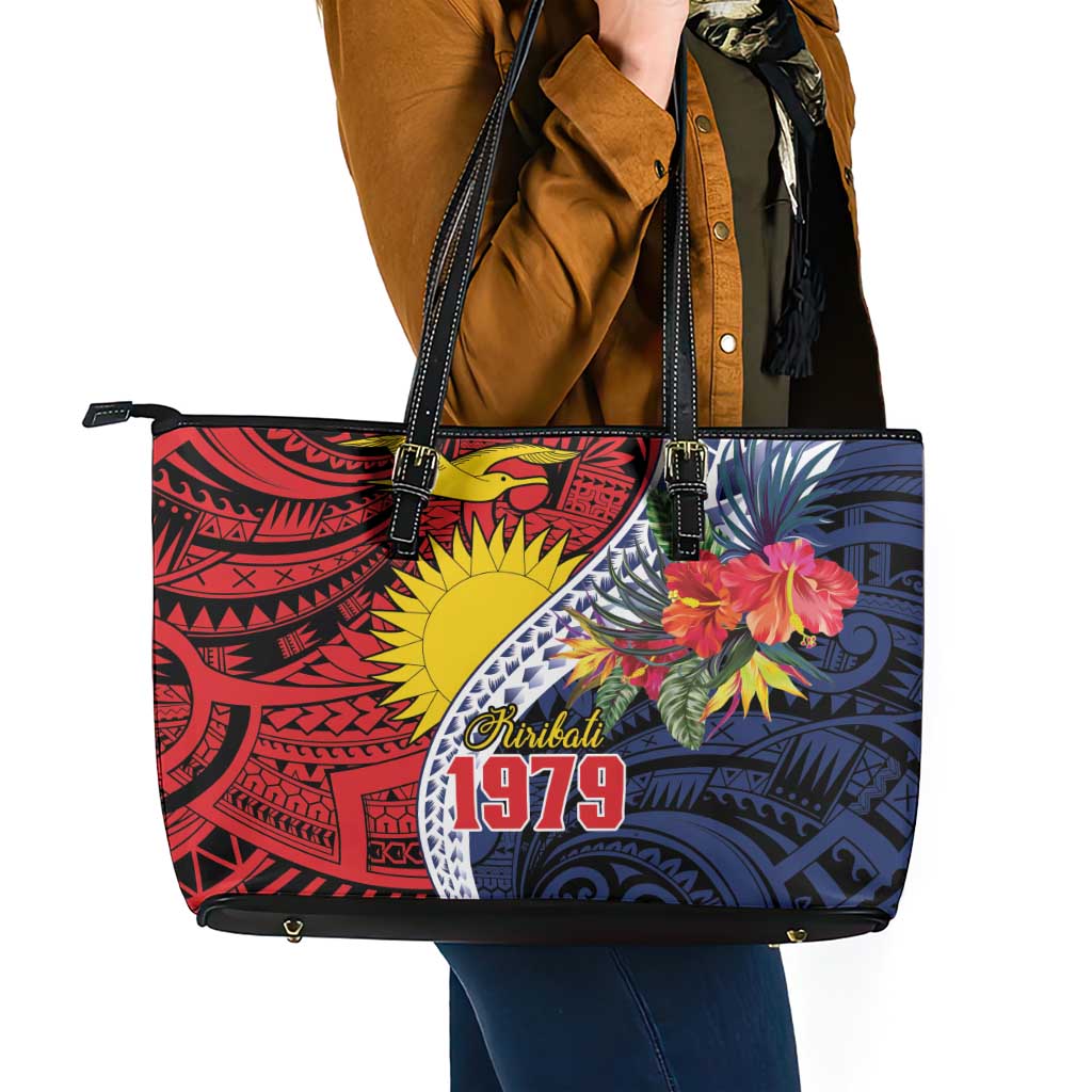 Flag of Kiribati Polynesian Pattern Leather Tote Bag Est 1979 With Tropical Flowers LT9 - Polynesian Pride