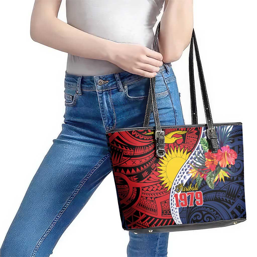 Flag of Kiribati Polynesian Pattern Leather Tote Bag Est 1979 With Tropical Flowers LT9 - Polynesian Pride