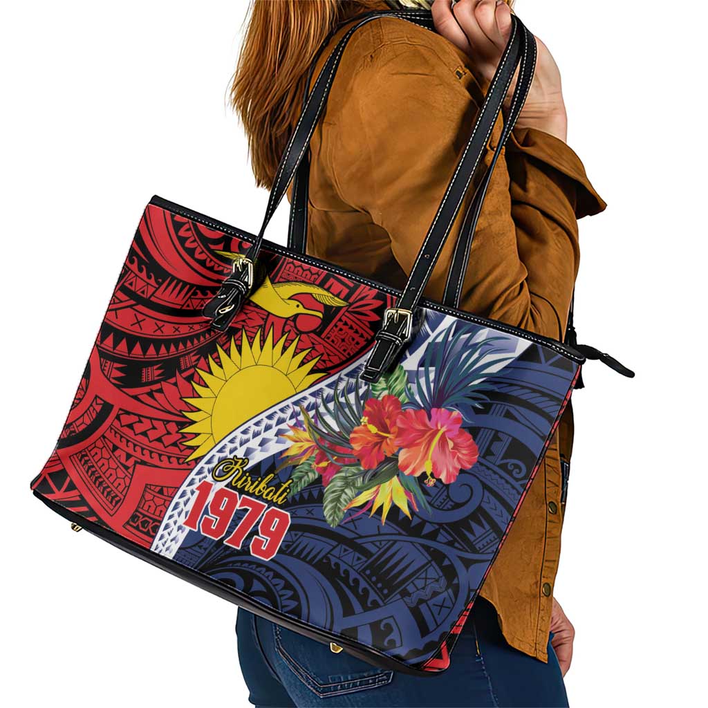 Flag of Kiribati Polynesian Pattern Leather Tote Bag Est 1979 With Tropical Flowers LT9 - Polynesian Pride