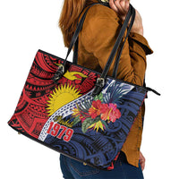 Flag of Kiribati Polynesian Pattern Leather Tote Bag Est 1979 With Tropical Flowers LT9 - Polynesian Pride