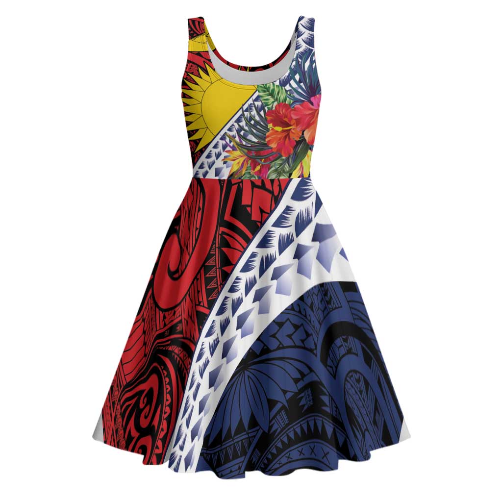 Flag of Kiribati Polynesian Pattern Midi Dress Est 1979 With Tropical Flowers LT9 Red - Polynesian Pride
