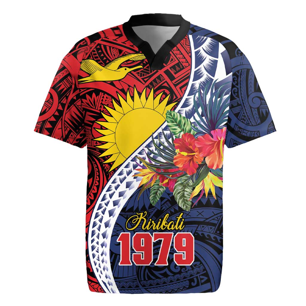 Flag of Kiribati Polynesian Pattern Rugby Jersey Est 1979 With Tropical Flowers LT9 Red - Polynesian Pride