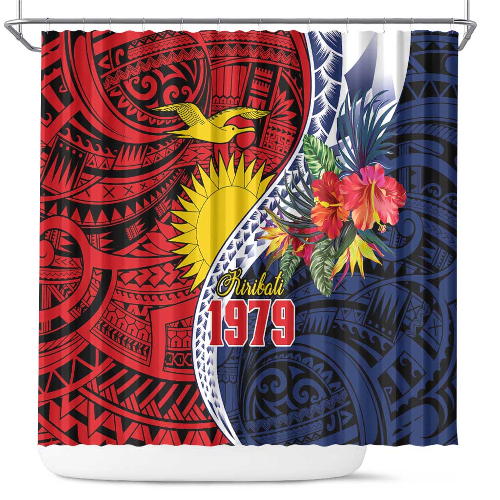 Flag of Kiribati Polynesian Pattern Shower Curtain Est 1979 With Tropical Flowers LT9 Red - Polynesian Pride