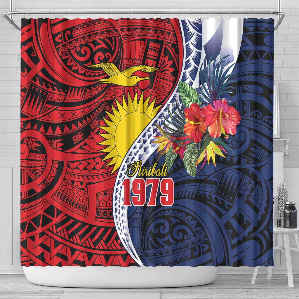 Flag of Kiribati Polynesian Pattern Shower Curtain Est 1979 With Tropical Flowers LT9 - Polynesian Pride