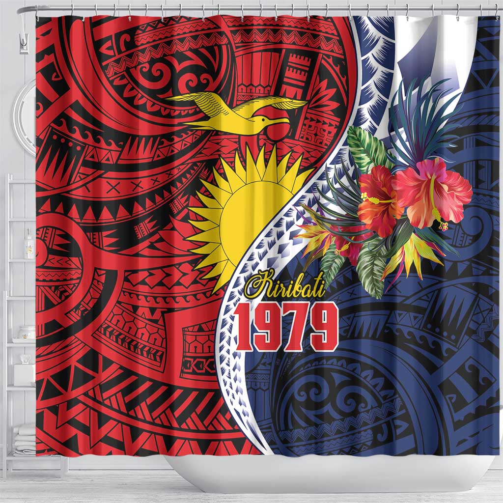 Flag of Kiribati Polynesian Pattern Shower Curtain Est 1979 With Tropical Flowers LT9 - Polynesian Pride