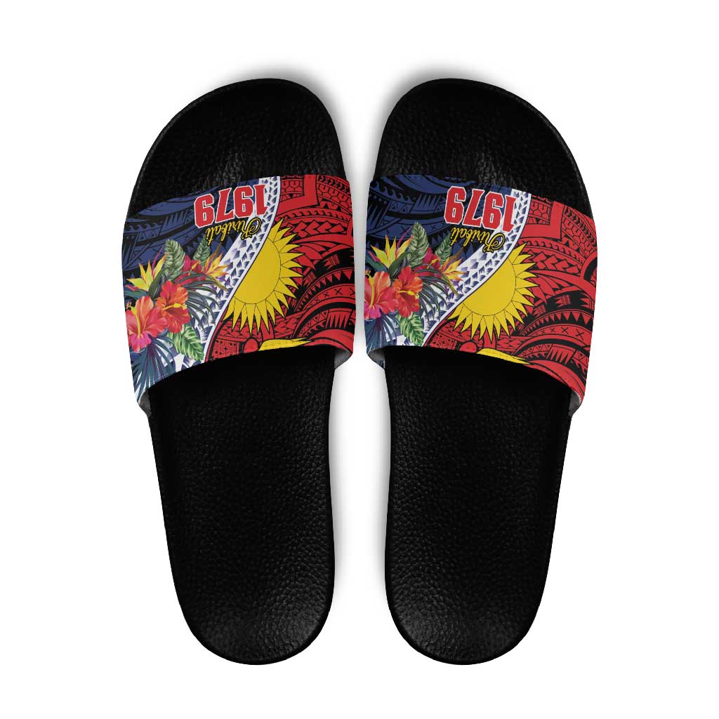 Flag of Kiribati Polynesian Pattern Slide Sandals Est 1979 With Tropical Flowers LT9 Red - Polynesian Pride
