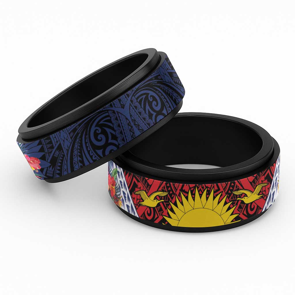 Flag of Kiribati Polynesian Pattern Spinner Ring Est 1979 With Tropical Flowers LT9 Black Red - Polynesian Pride