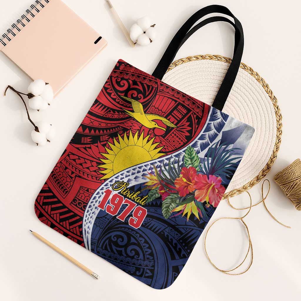 Flag of Kiribati Polynesian Pattern Tote Bag Est 1979 With Tropical Flowers LT9 Black Strap One Size Red - Polynesian Pride