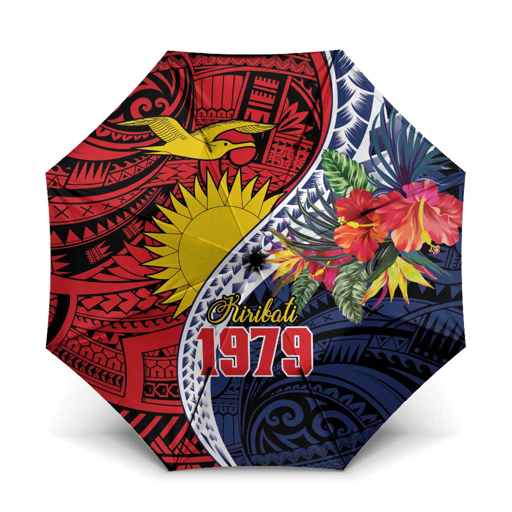 Flag of Kiribati Polynesian Pattern Umbrella Est 1979 With Tropical Flowers LT9 One Size Folded 11.42 inch Opened Diameter 37.4 inch Red - Polynesian Pride