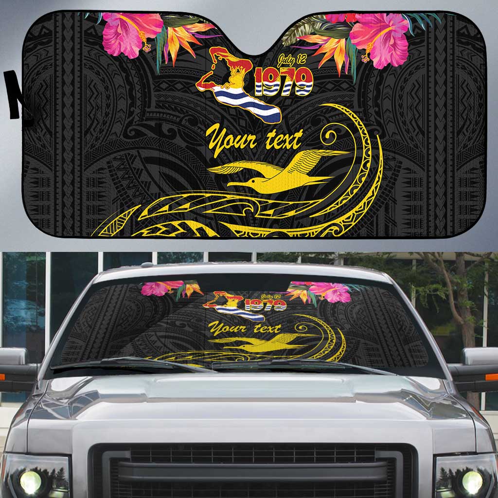 Kiribati Independence Day Personalised Auto Sun Shade Gold Frigatebird with Polynesian Pattern LT9 Black - Polynesian Pride