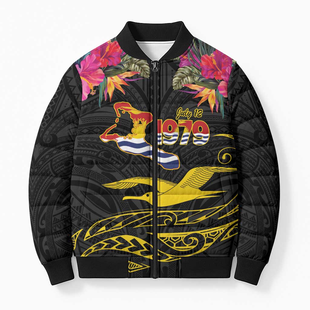 Kiribati Independence Day Personalised Bomber Puffer Jacket Gold Frigatebird with Polynesian Pattern LT9 Unisex Black - Polynesian Pride
