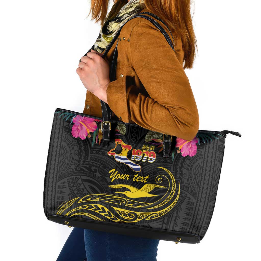 Kiribati Independence Day Personalised Leather Tote Bag Gold Frigatebird with Polynesian Pattern LT9 Black - Polynesian Pride