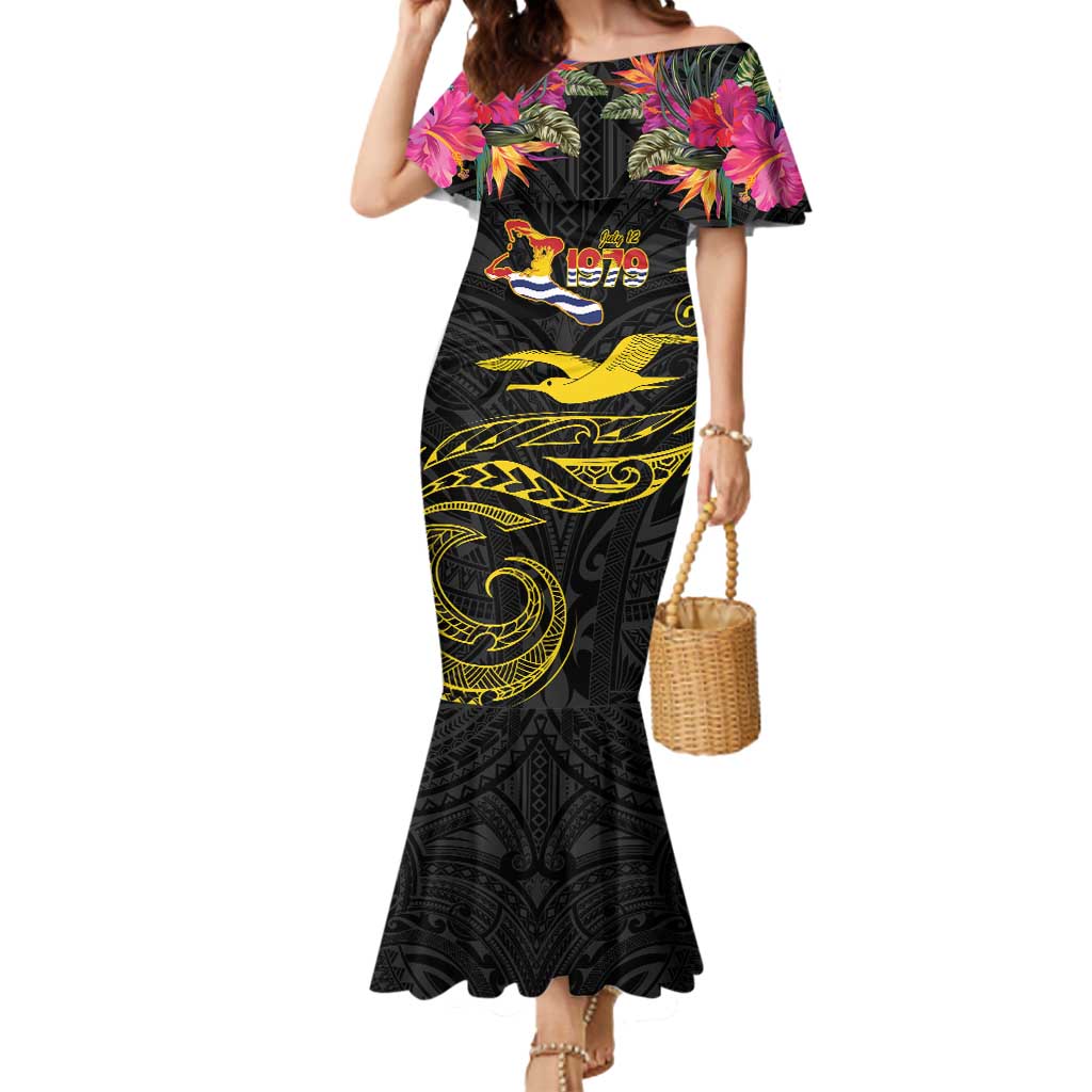 Kiribati Independence Day Personalised Mermaid Dress Gold Frigatebird with Polynesian Pattern LT9 Women Black - Polynesian Pride