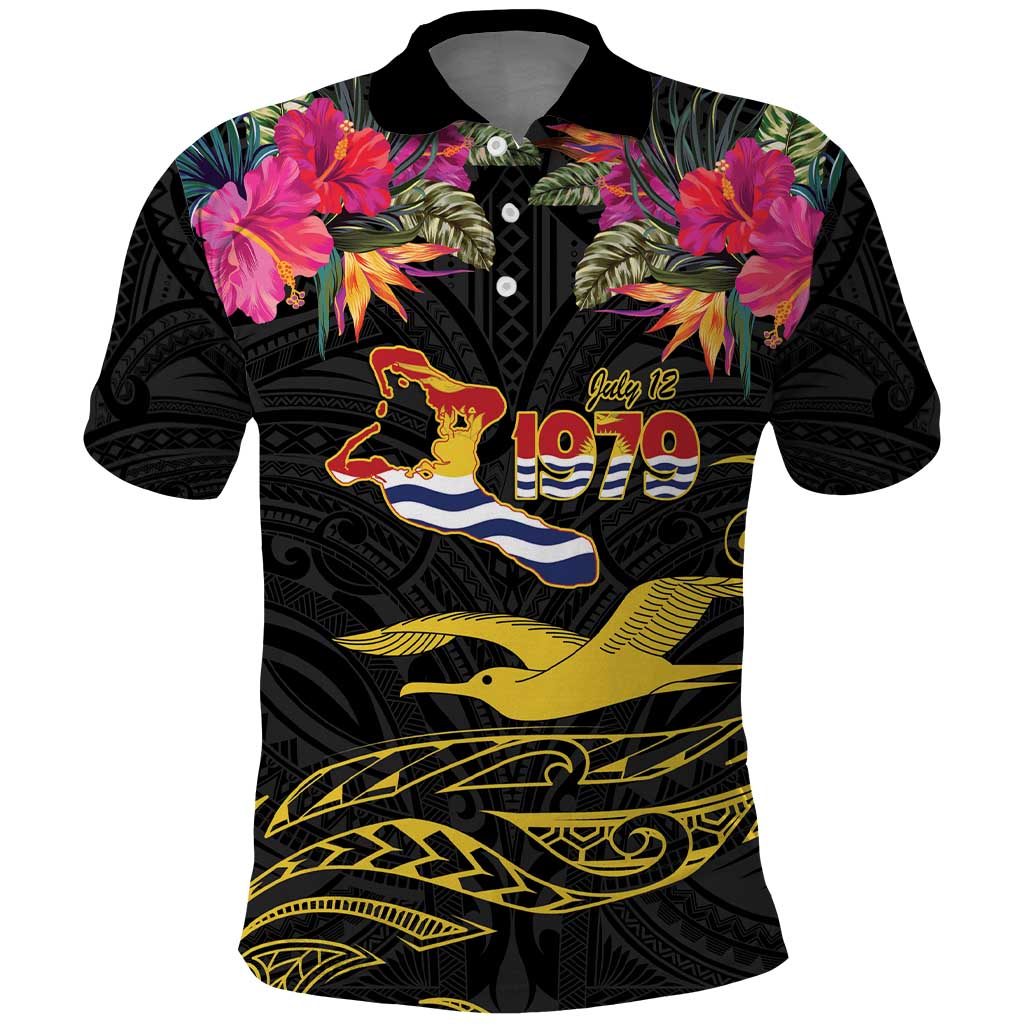 Kiribati Independence Day Personalised Polo Shirt Gold Frigatebird with Polynesian Pattern LT9 Black - Polynesian Pride