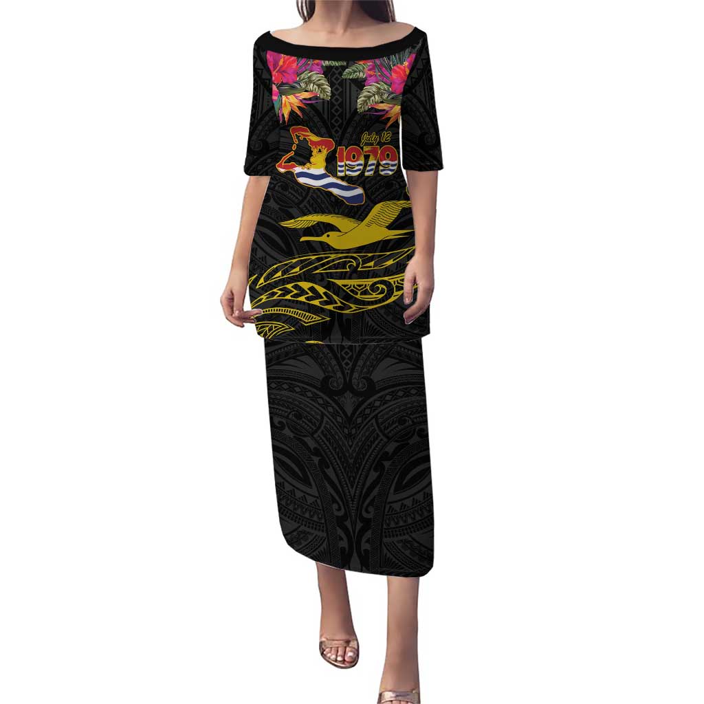 Kiribati Independence Day Personalised Puletasi Gold Frigatebird with Polynesian Pattern LT9 Long Dress Black - Polynesian Pride