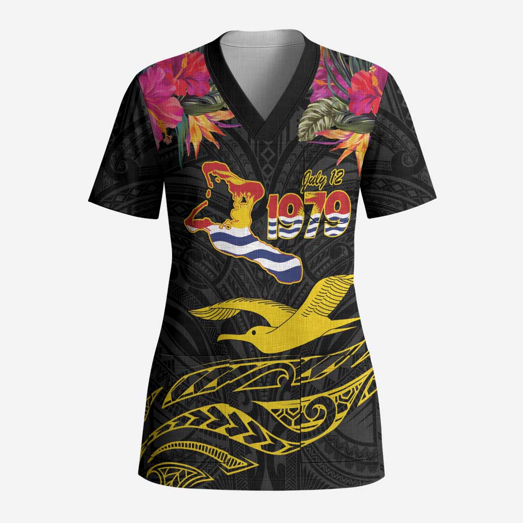 Kiribati Independence Day Personalised Scrub Top Gold Frigatebird with Polynesian Pattern LT9 Adult Black - Polynesian Pride