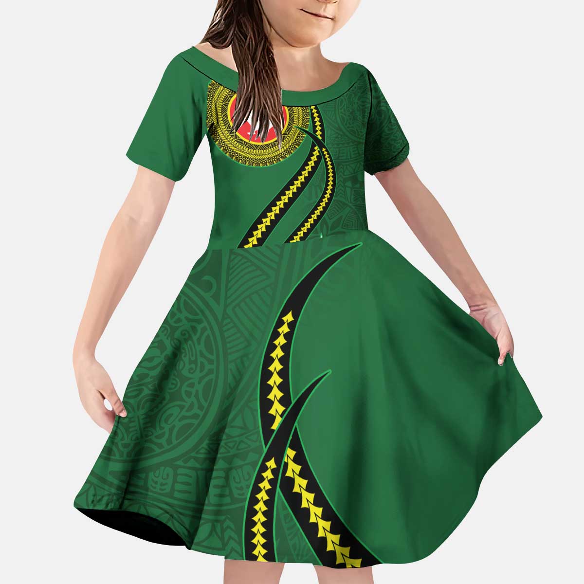 Manua Islands Polynesian Style Kid Short Sleeve Dress LT9 KID Green - Polynesian Pride