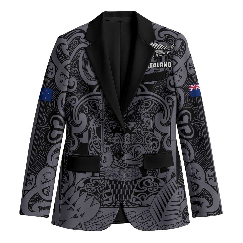 Custom New Zealand Taiaha Maori Blazer Minimalist Silver Fern All Black LT9 Unisex Black - Polynesian Pride