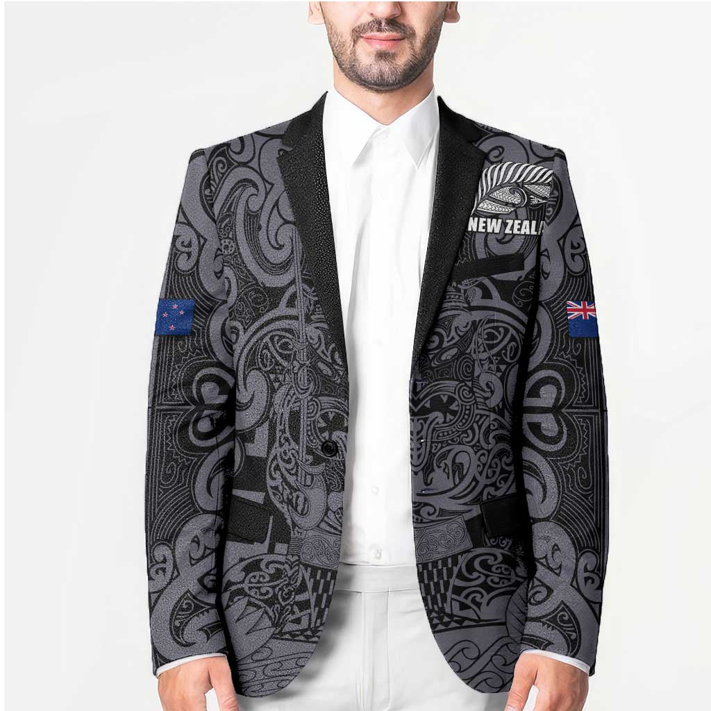 Custom New Zealand Taiaha Maori Blazer Minimalist Silver Fern All Black LT9 - Polynesian Pride