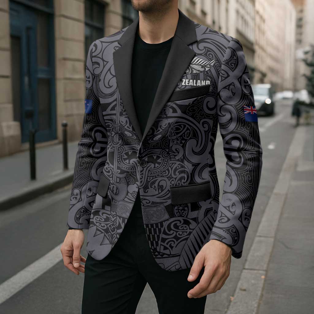 Custom New Zealand Taiaha Maori Blazer Minimalist Silver Fern All Black LT9 - Polynesian Pride