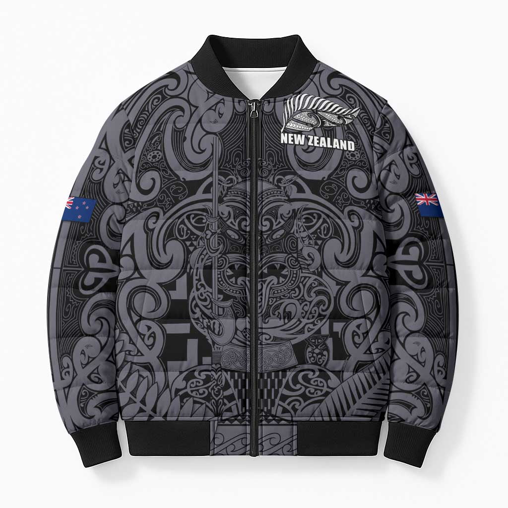 Custom New Zealand Taiaha Maori Bomber Puffer Jacket Minimalist Silver Fern All Black LT9 Unisex Black - Polynesian Pride