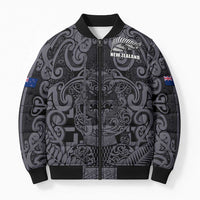 Custom New Zealand Taiaha Maori Bomber Puffer Jacket Minimalist Silver Fern All Black LT9 Unisex Black - Polynesian Pride