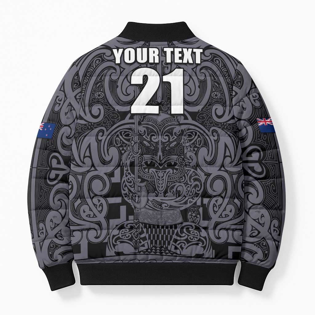 Custom New Zealand Taiaha Maori Bomber Puffer Jacket Minimalist Silver Fern All Black LT9 - Polynesian Pride