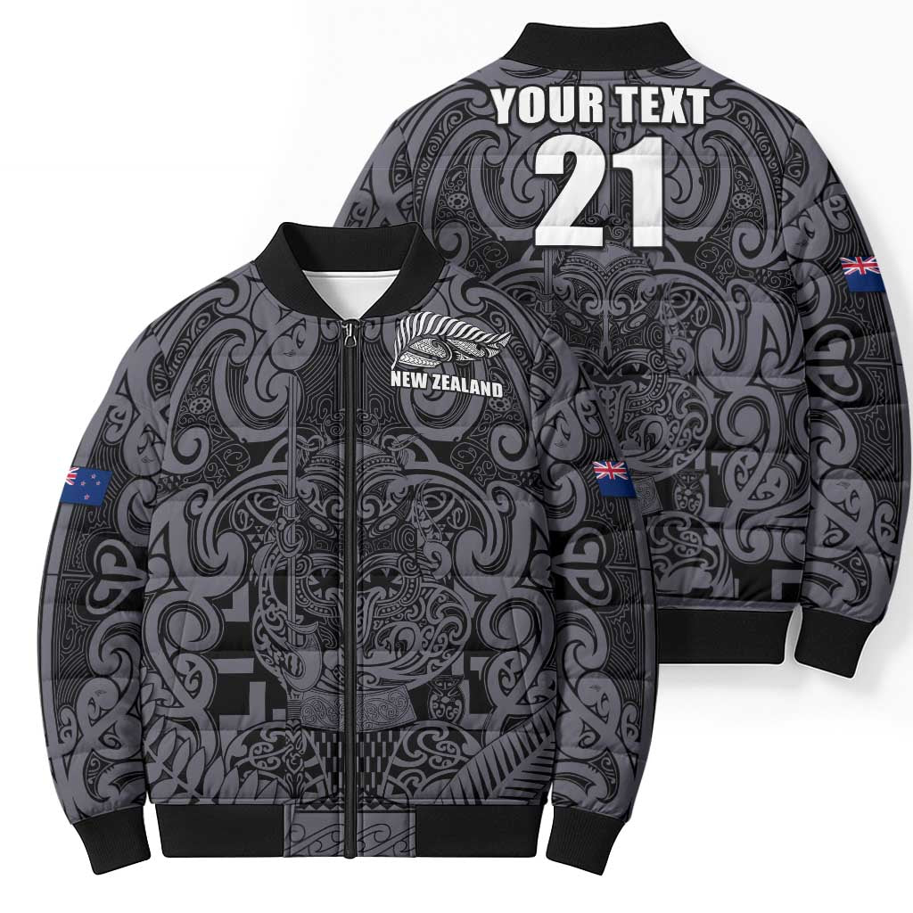 Custom New Zealand Taiaha Maori Bomber Puffer Jacket Minimalist Silver Fern All Black LT9 - Polynesian Pride