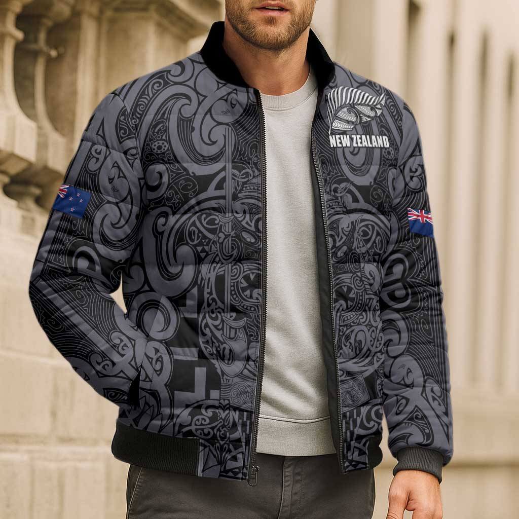 Custom New Zealand Taiaha Maori Bomber Puffer Jacket Minimalist Silver Fern All Black LT9 - Polynesian Pride