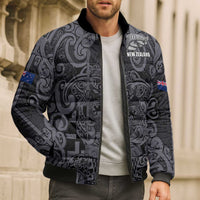Custom New Zealand Taiaha Maori Bomber Puffer Jacket Minimalist Silver Fern All Black LT9 - Polynesian Pride